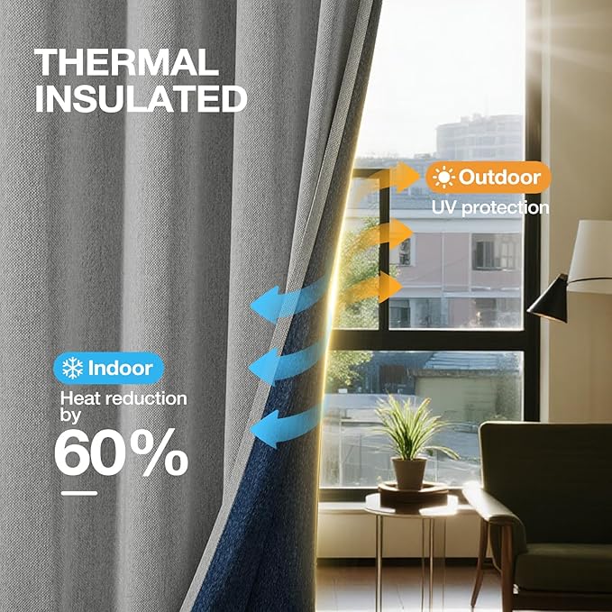 100% Blackout Curtains 108 inch Length 2 Panels for Living Room, Linen-Look Textured Room Darkening Thermal Insulated Noise Reduction Farmhouse Drapes for Bedroom (W52xL108, Grey)