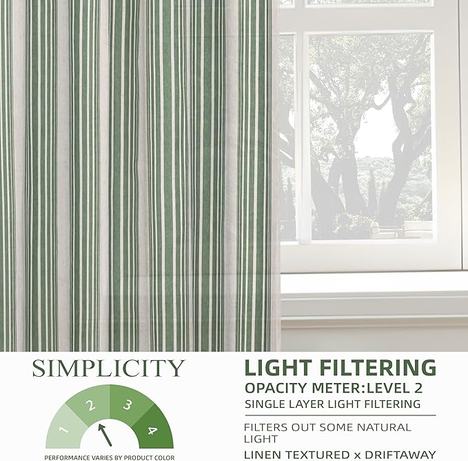 DriftAway Farmhouse Vertical Striped Linen Blend Textured Light Filtering Semi Sheer Curtains for Living Room Bedroom 96 Inches Long Drapes 2 Panels Broad Striped Loden Green