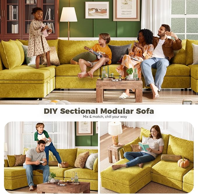 ABCASA 134.6" Luxury Modular Sectional Convertible Sofa with Storage Ottoman, L-Shape 5-Seat Oversized Comfy Couch Deep Seat with Reversible Chaise - Chenille Yellow