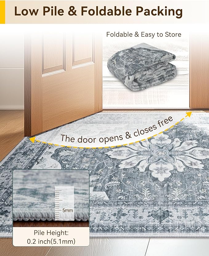 Area Rugs 2'x3' Washable Non-Slip, Floral Vintage Distress Print Pattern Medallion Carpet for Living Room Bedroom Dining Room, Light Gray Grey White