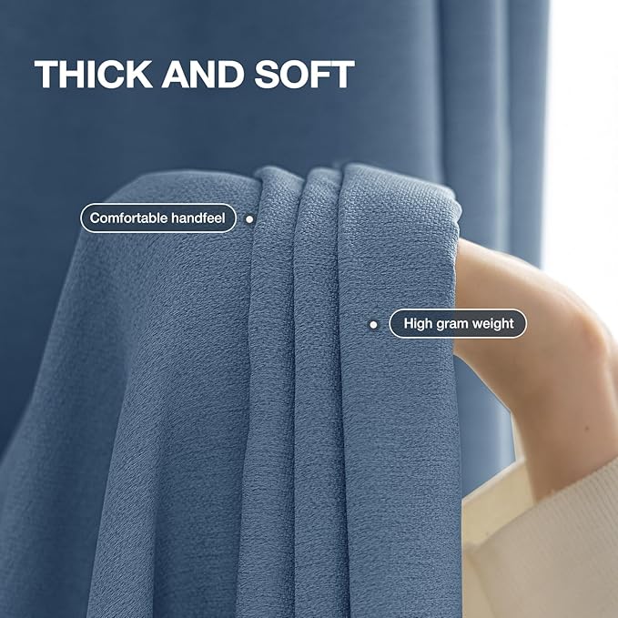 100% Blackout Curtains for Bedroom, Thermal Insulated Curtains 63 Inch Length Curtain 2 Panels, Soft Farmhouse Linen-Look Textured Full Light Blocking Room Darkening Drapes, W52xL63, Blue