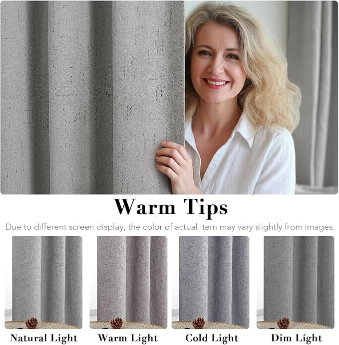 H.VERSAILTEX Linen Curtains 100% Blackout Curtains for Bedroom 90 inch Long Full Light Blocking Nature Linen Blended Window Curtains for Living Room Nickel Grommet (2 Panels, Dove Gray)