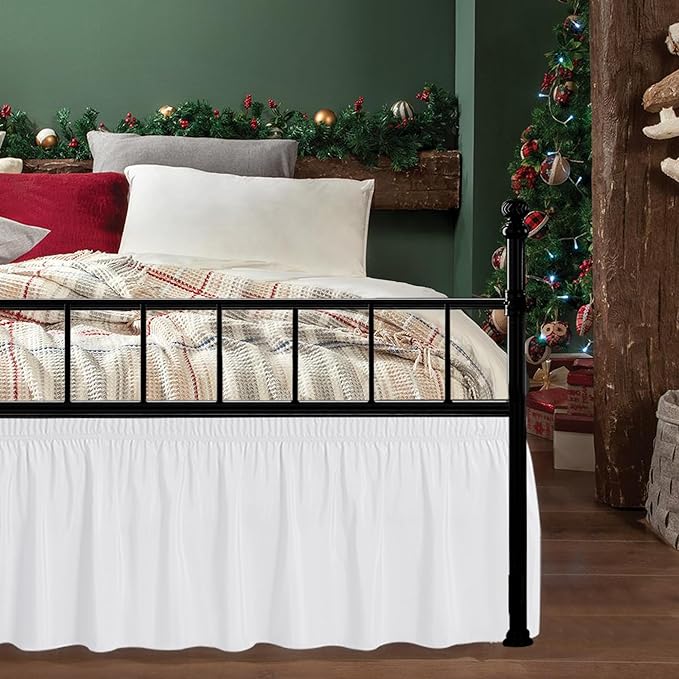 Biscaynebay Wrap Around Bed Skirts with Split Corners for King Beds 12" Drop, White Adjustable Elastic Dust Ruffles Easy Fit Wrinkle & Fade Resistant Silky Luxurious Fabric Machine Washable