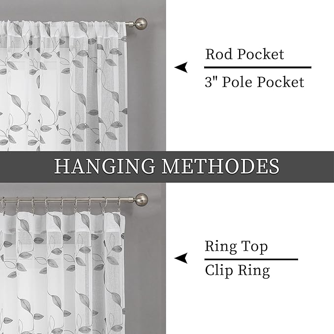 Tollpiz Grey Leaf Sheer Curtain Leaves Embroidered Bedroom Curtains Rod Pocket Voile Window Treatment for Living Room, 54 x 95 inches Long, Set of 2 Panels