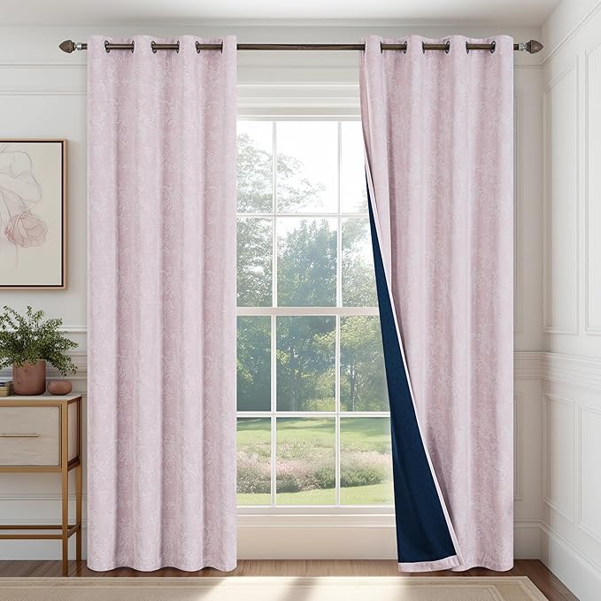 FMFUNCTEX Pink Floral Jacquard Blackout Curtains 96 Inches Long for Girls Bedroom, Scroll Flower Chenille Farmhouse Curtains for Nursery Room Darkening Thermal Insulated Grommet Window Drapes 2 Panels