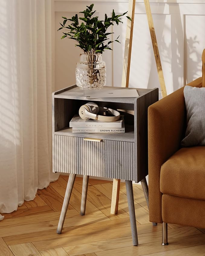 Nightstand,Modern Bedside Table with Storage Drawer and Open Wood Shelf, for Living Room, Bedroom and Small Spaces, Accent Night Stand with Solid Wood Legs, Easy Assembly,Grey Oak