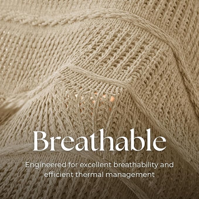 Boho Knitted Chenille Blanket with Tassels - Lightweight & Soft All-Season Throw - 3D Classic Pattern for Living Room Bedroom Couch, Sandy Beige, King 90"x108"
