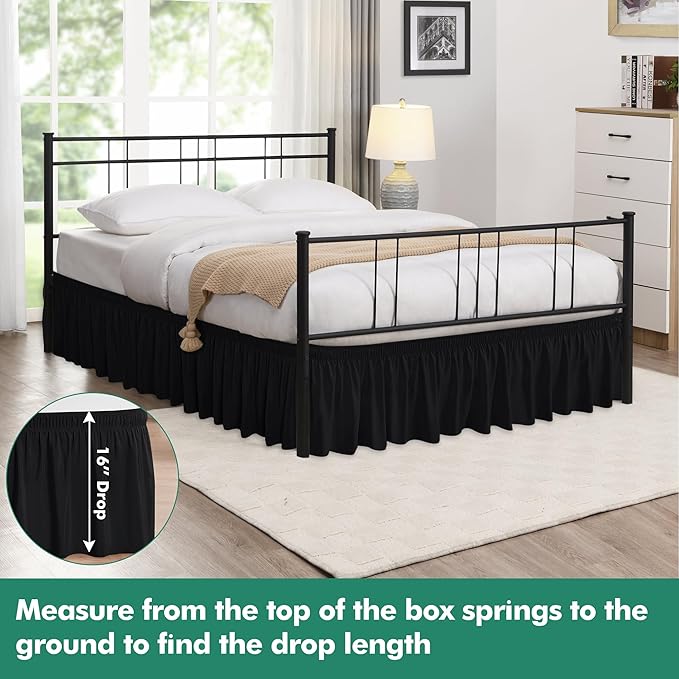 Biscaynebay Wrap Around Bed Skirts with Split Corners for Queen Beds 16" Drop, Black Elastic Dust Ruffles Adjustable Easy Fit Wrinkle & Fade Resistant Silky Luxurious Fabric Machine Washable