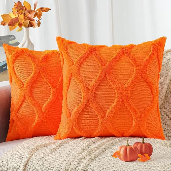 decorUhome Spring Euro Sham Throw Pillow Covers 26x26 Inch Set of 2, Soft Plush Faux Fur Wool Orange Couch Pillow Covers, Decorative Neutral Pillow Cases for Bed Sofa Living Room Home Decor