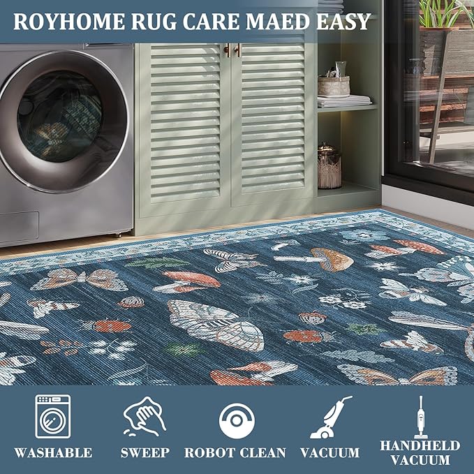 Mushroom Insect 6ft Round Rug Washable Non-Slip Soft Ultra-Thin Boho Circle Carpet for Living Room Bedroom Kitchen Nursery Dining Room Blue