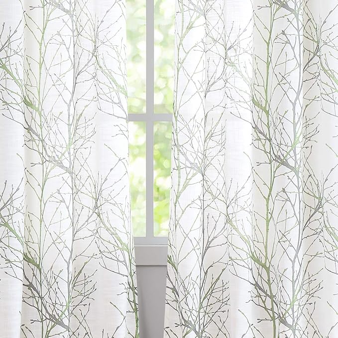 FMFUNCTEX Linen Semi Sheer Curtains for Bedroom, Sage Green White Curtains 45 Inches Long for Living Room, Grey Tree Branch Print Curtain Light Filtering Kitchen Window Drapes, Grommet Top 2 Panels
