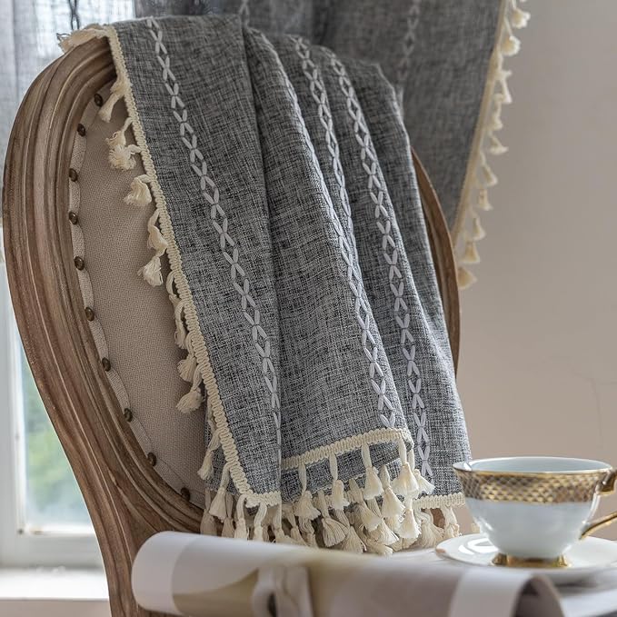 Sutuo Home Boho Curtains for Bedroom Dining Room Kitchen, Semi Blackout Linen Farmhouse Shabby Chic Tassels Window Treatment Bohemian Embroidery Drape, Rod Pocket 1 Panel 52" W x 63" L, Black Grey