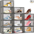 12 Pack XX Large Shoe Organizer, Heavy-Duty Hard Thicken Plastic Clear Stackable Shoe Storage Box Organizer for Closet, Space-Saving Shoe Rack Display Case Bin Containers for Sneakers, Grey