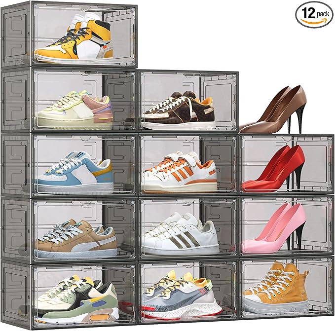 12 Pack XX Large Shoe Organizer, Heavy-Duty Hard Thicken Plastic Clear Stackable Shoe Storage Box Organizer for Closet, Space-Saving Shoe Rack Display Case Bin Containers for Sneakers, Grey