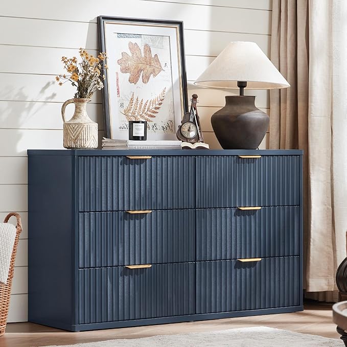 LEYAOYAO Fluted Dressers & Nightstand Set of 3, Wood 48" Wide Dresser & 42" Tall Chest of Drawers,Modern Bedroom Furniture Sets, Navy Blue Wooden Nightstand with 3 Drawers & Charging Station