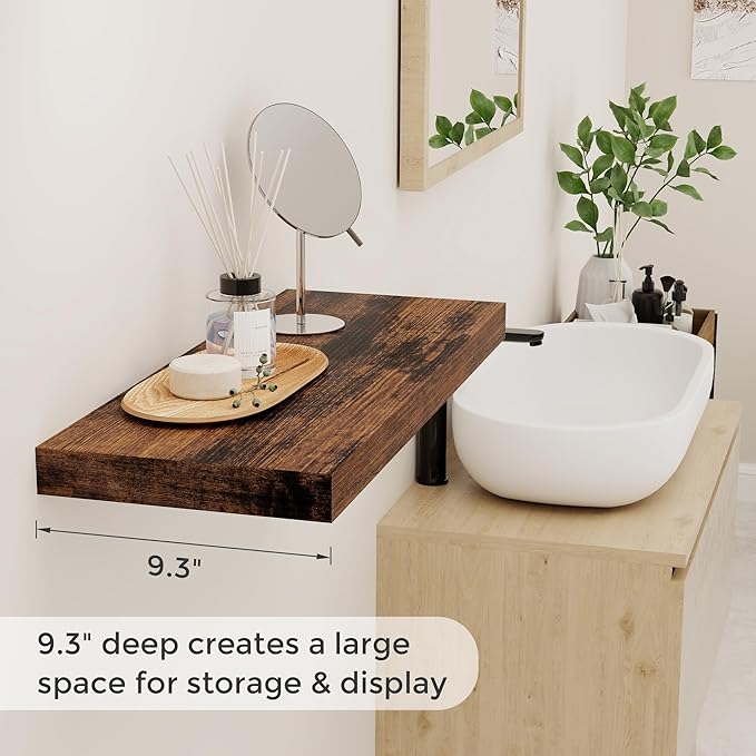 Floating Shelves for Wall, 24 x 9.3 Floating Shelf Wall-Mounted, Rustic Wood Bathroom Shelf Set of 2, Deep Bookshelf Storge Shelves for Living Room, Bedroom, Farmhouse, Rustic Brown Color