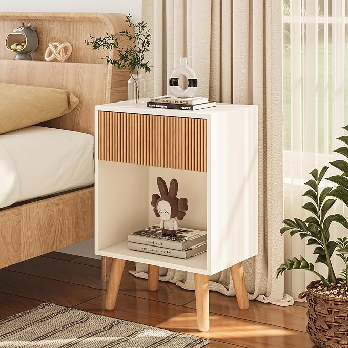 Fluted Nightstand, Modern Bedside Table with Storage Drawers and Open Wood Shelf, Night Stand with Solid Wood Legs, End Tables Side Tables for Living Room, Bedroom