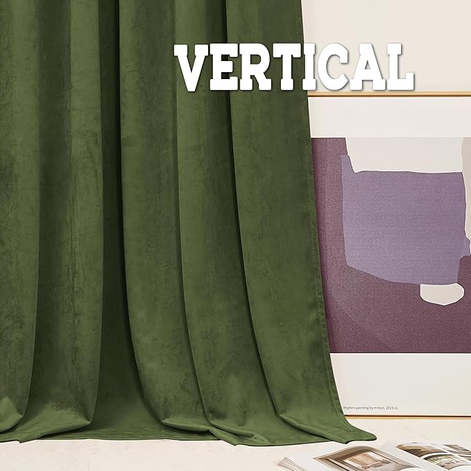 RYB HOME Back Tab Velvet Curtains, Thermal Insulated Privacy Protect Decorative Drapes for Living Room Home Theater, Olive Green, W 52 x L 108 inches, 2 Panels Set