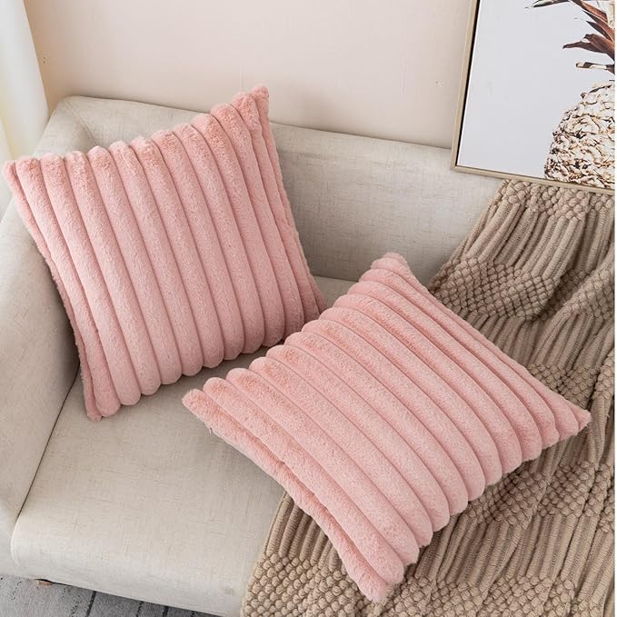 ZLINA Set of 2 Baby Pink Faux Fur Decorative Throw Pillow Covers Fluffy Striped Pillowcase Cushion Covers 26 x 26 Inch Decor Sofa Couch Bedroom