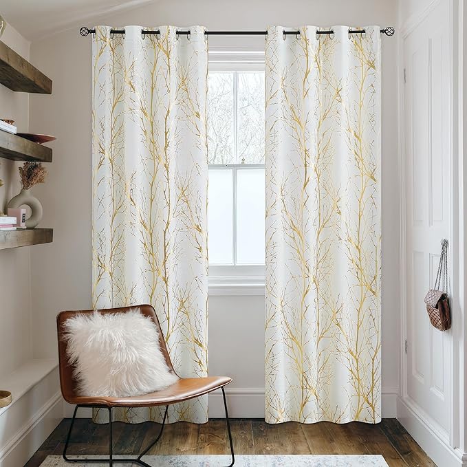 FMFUNCTEX Linen Semi Sheer Curtains, Gold Foil Metallic Print White Tree Panel for Bedroom & Living Room, Light Filtering 63 Inch Grommet Top 2 Panels
