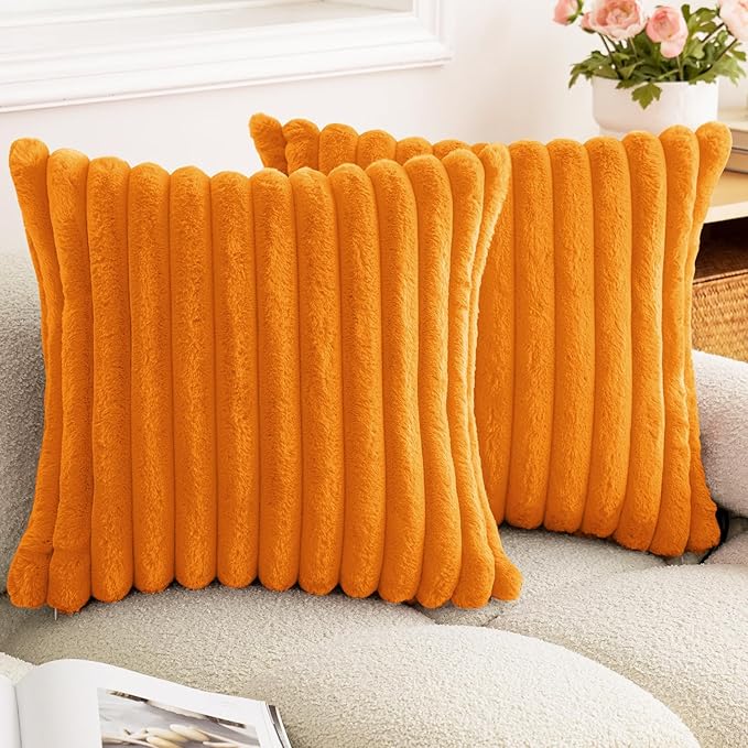 Double-Sided Faux Fur Plush Fall Throw Pillow Covers 18x18 Set of 2 Fuzzy Striped Soft Cozy Pillowcase Luxury Decorative Pillows Square Fluffy Cushion Covers for Couch Sofa Bed,Orange