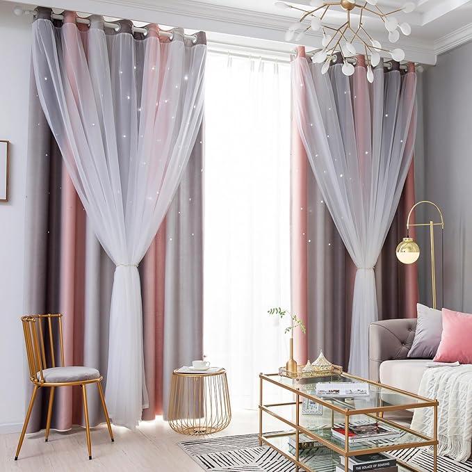 Star Curtains Blackout Curtains for Bedroom Cute Curtains Kids Curtains Rainbow Curtains, Curtains 96 Inches Long 2 Panels, Pink & Grey Curtains, 42 X 96 Inches