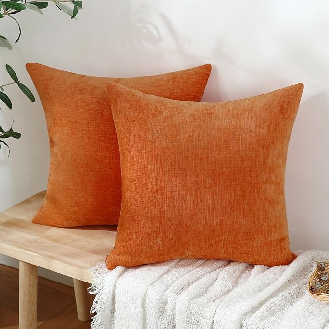 Jeneoo Bright Orange Decorative Throw Pillow Covers Soft Chenille Comfy Square Couch Cushion Cases for Living Room Sofa Decor (Set of 2, 20 x 20 Inches)