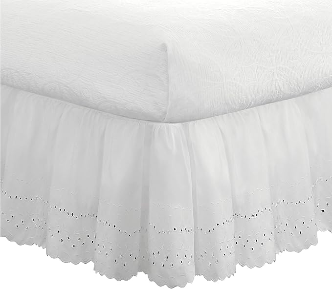 Fresh Ideas Eyelet Bed Skirt, Ruffled Design, 18 Inch Drop, Embroidered Scalloped Edge, Queen, White