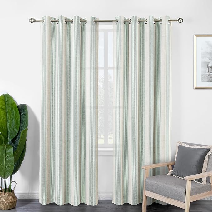 DriftAway Farmhouse Vertical Striped Linen Blend Textured Light Filtering Semi Sheer Curtains for Living Room Bedroom 84 Inches Long Drapes 2 Panels Broad Striped Green