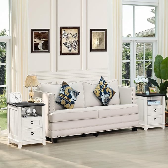 18" Farmhouse Night Stands Set of 2 with Charging Station, 2 Drawers End Table Dresser for Bedroom， Wooden Nightstand, Bed Side Table with Open Shelf, Bedside Cabinet for Living Room（White）