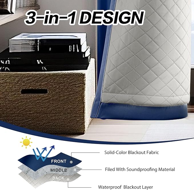 3-in-1 Heavy Winter Room Divider Curtains Grommet Design 100% Blackout Thermal Soundproof Curtains for Bedroom Living Room 1 Panel Navy Blue 50x80 Inches