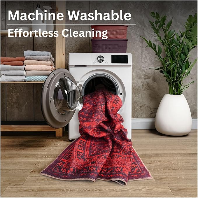 Bloom Rugs Washable Non-Slip 5' x 7' Rug - Red Traditional Bordered Area Rug for Living Room, Bedroom, Dining Room, and Kitchen - Exact Size: 5' x 7'