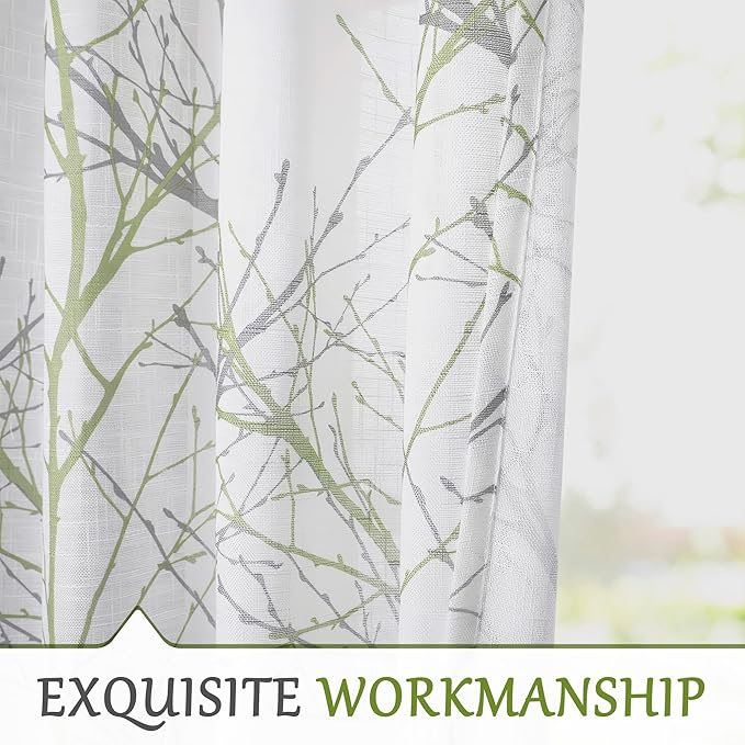 FMFUNCTEX Linen Semi Sheer Curtains for Bedroom, Sage Green White Curtains 96 Inches Long for Living Room, Grey Tree Branch Print Curtain Light Filtering Farmhouse Window Drapes, Grommet Top 2 Panels