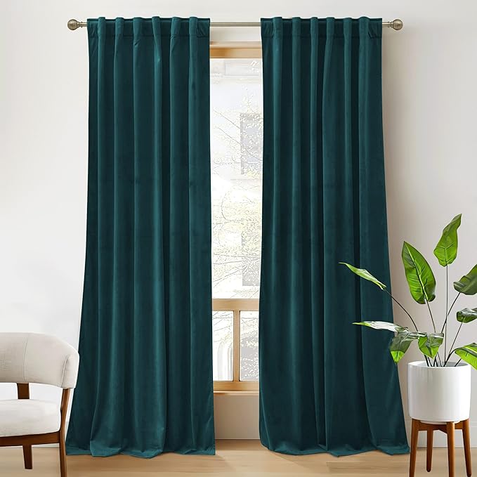 RYB Home Velvet Curtains 2 Panels Set 90 inches - Super Soft Durable Window Drapes Room Darkening Energy Smart Back Tab for Apartment Villa Room Backdrops, Peacock Blue, W52 x L90, 2 Panels