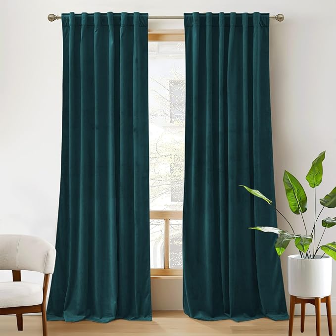 RYB Home Teal Velvet Curtains 84 inch Length - Super Soft Durable Window Drapes Plush Velvet Room Darkening Backdrop for Nursery Playroom Bedroom, Peacock Blue, W52 x L84 inches, 2 Panels