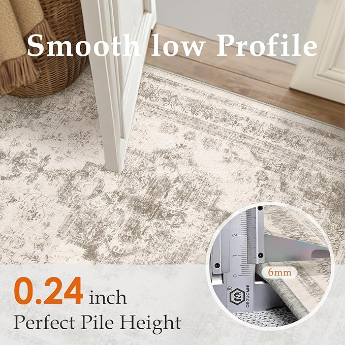Area Rug 4x6 Beige Washable Office Entryway Vintage Medallion Carpet Non Slip Retro Indoor Mat Low Pile Soft Distressed Small Rug for Bedroom Kitchen Laundry Dining Room