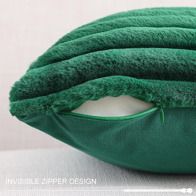 Pallene Faux Fur Plush Christmas Throw Pillow Covers 20x20 Set of 2, Luxury Soft Fluffy Striped Decorative Pillow Covers for Sofa, Couch, Living Room, Christmas Green