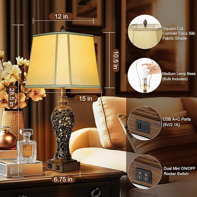28.5'' Tall Farmhouse Vintage Table Lamp Set of 2 with Faux Silk Shade USB Ports Nightlight Decor for Bedside Living Room Bedroom Nightstands Office Home, Dark Bronze(Bulbs Included)