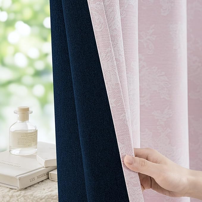 FMFUNCTEX Pink Floral Jacquard Blackout Curtains 84 Inches Long for Girls Bedroom, Scroll Flower Chenille Farmhouse Curtains for Nursery Room Darkening Thermal Insulated Grommet Window Drapes 2 Panels