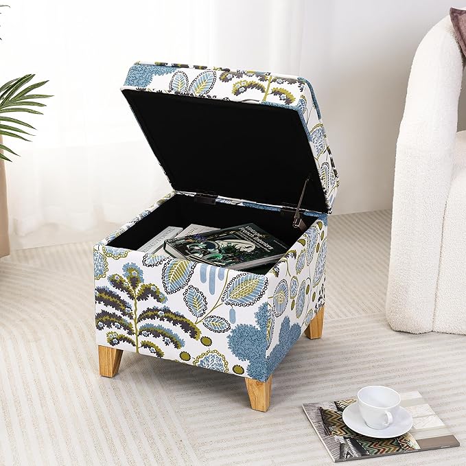Adeco 18 Inch High Cube Ottoman Storage, Linen Chair Foot Stools, Upholstered Vanity Stool with Hinged Lid, Solid Wood Legs (Blue Leaves)