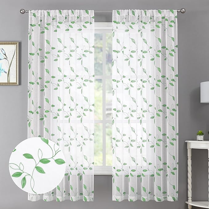 Tollpiz Green Leaf Sheer Curtains Leaves Embroidered Bedroom Short Curtain Rod Pocket Voile Window Treatment for Living Room, 38 x 54 inches Long, Set of 2 Panels
