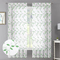 Tollpiz Green Leaf Sheer Curtains Leaves Embroidered Bedroom Short Curtain Rod Pocket Voile Window Treatment for Living Room, 38 x 54 inches Long, Set of 2 Panels
