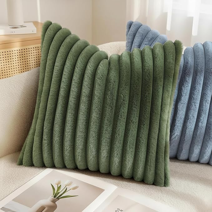 decorUhome Faux Fur Throw Pillow Covers 22x22 Set of 2, Decorative Soft Plush Striped Neutral Couch Euro Pillow Covers with Velvet Back for Sofa, Bed, Living Room Home Decor, Olive Green