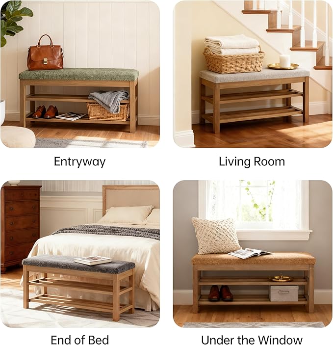 VKNOW Entryway Bench, 44.3” Upholstered Shoe Bench for Bedroom, 2-Tier Storage End of Bed Bench with Rubberwood Legs for Living Room, Hallway, Orange