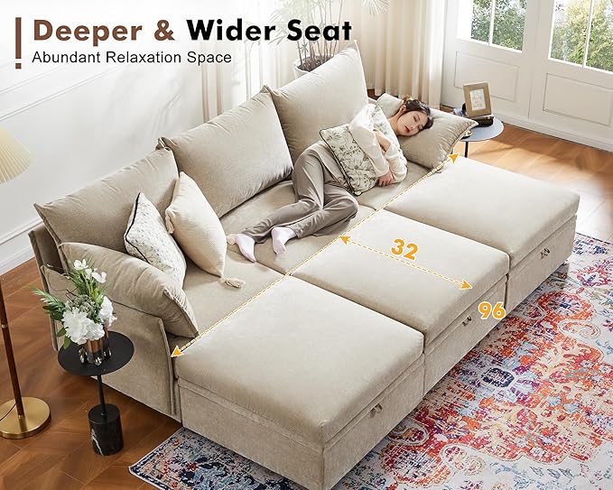 ABCASA 134.6" Luxury Modular Sectional Convertible Sofa with Storage Ottoman, L-Shape 5-Seat Oversized Comfy Couch Deep Seat with Reversible Chaise - Chenille Beige