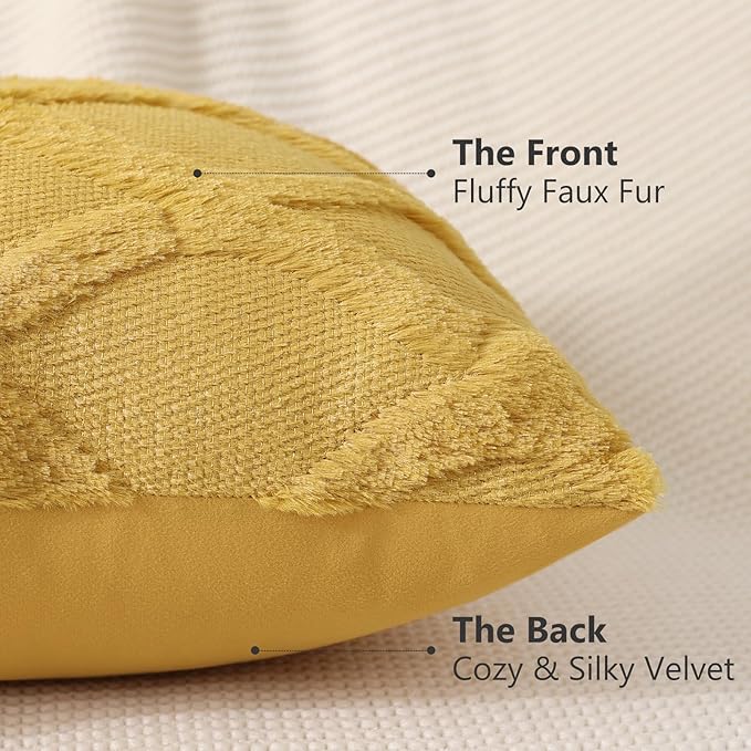 decorUhome Spring Throw Pillow Covers 12x20 Inch Set of 2, Soft Plush Faux Fur Wool Lumbar Mustard Yellow Couch Pillow Covers, Decorative Neutral Pillow Cases for Bed Sofa Living Room Home Decor