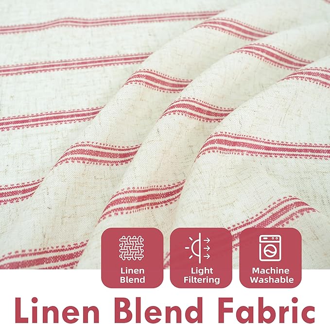 DriftAway Farmhouse Vertical Striped Linen Blend Textured Light Filtering Semi Sheer Curtains for Living Room Bedroom 108 Inches Long Drapes 2 Panels Linen Red