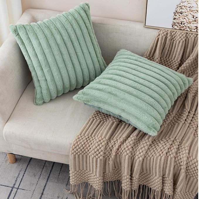 ZLINA Set of 2 Light Green Faux Fur Decorative Throw Pillow Covers Fluffy Striped Pillowcase Cushion Covers 24 x 24 Inch Decor Sofa Couch Bedroom