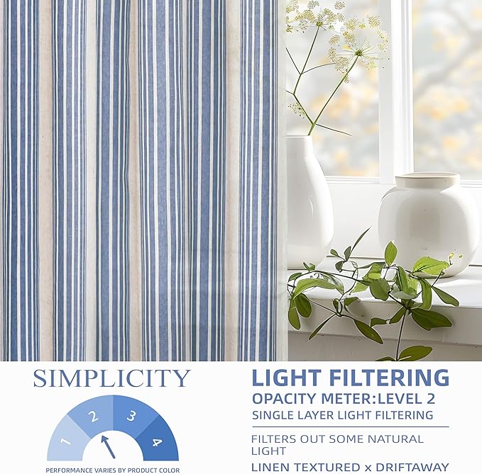 DriftAway Farmhouse Vertical Striped Linen Blend Textured Light Filtering Semi Sheer Curtains for Living Room Bedroom 84 Inches Long Drapes 2 Panels Broad Striped Jean Navy