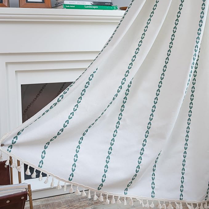 Sutuo Home Boho Curtains for Dining Room Kitchen, Semi Blackout Farmhouse Vintage Tassels Window Treatment Bohemian Embroidery Drape, Rod Pocket 1 Panel 52" W x 63" L, White and Emerald Green